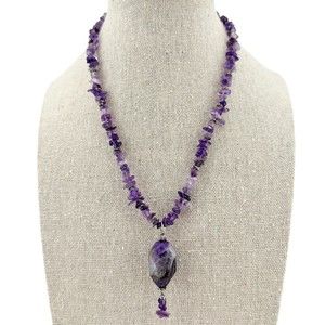 Natural Chip Bead Amethyst Silvertone Necklace with Chunky Stone Drop 15.5" VTG